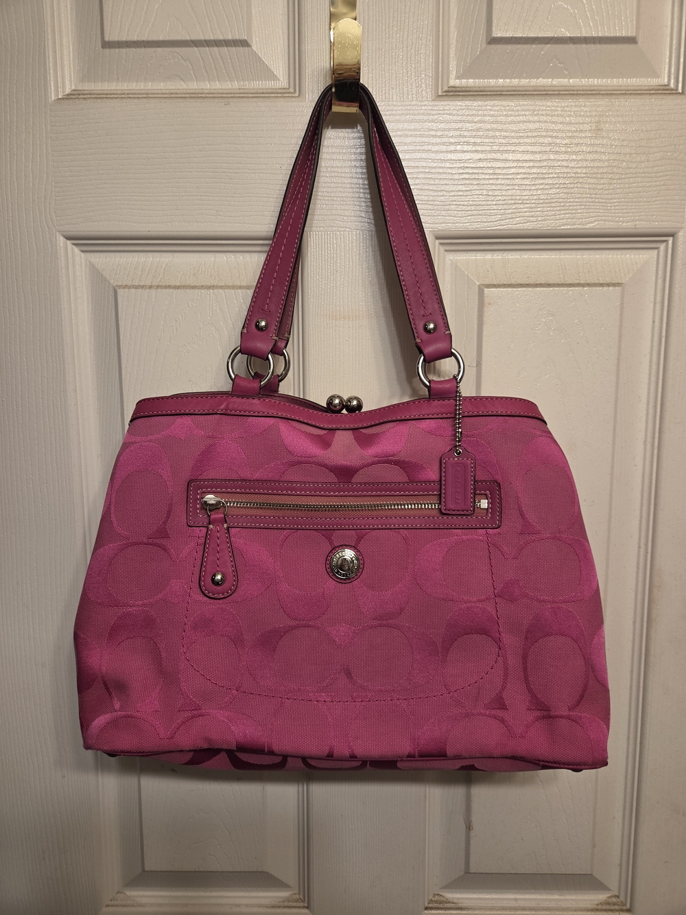 Coach Pink Signature Jacquard Satchel with Leather Trim